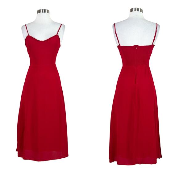 Reformation | Cherry Red A-Line Simple Cocktail Slit Designer Midi Dress 4 - Picture 1 of 9